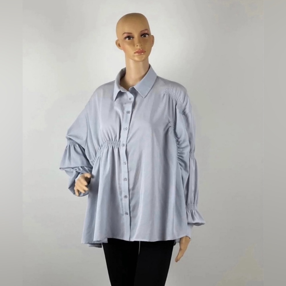 Women’s Asymmetrical Light Blue button-up Ruffle Tunic shirt Blouse